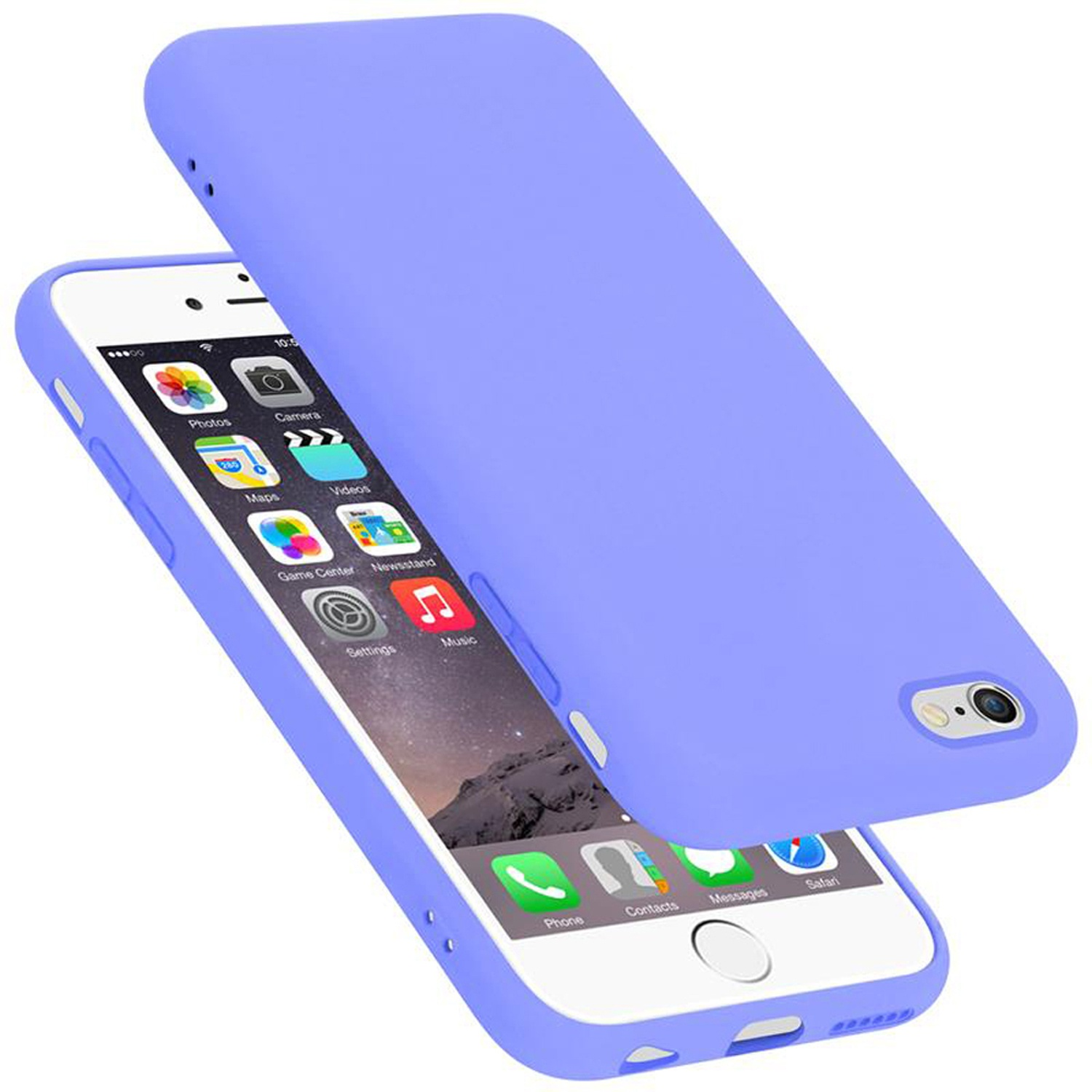 Custodia blu per telefono e telefono. La custodia è aperta. Schermo del telefono con icone delle app.