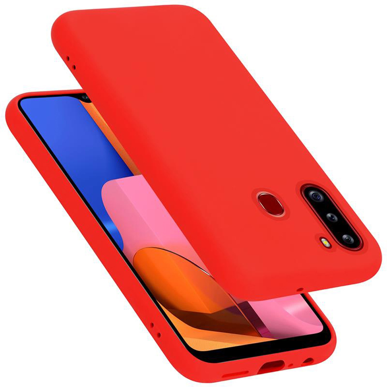 Eine rote Handyhülle mit einem Telefon darin. Die Hülle ist geöffnet und das Telefon ist sichtbar.