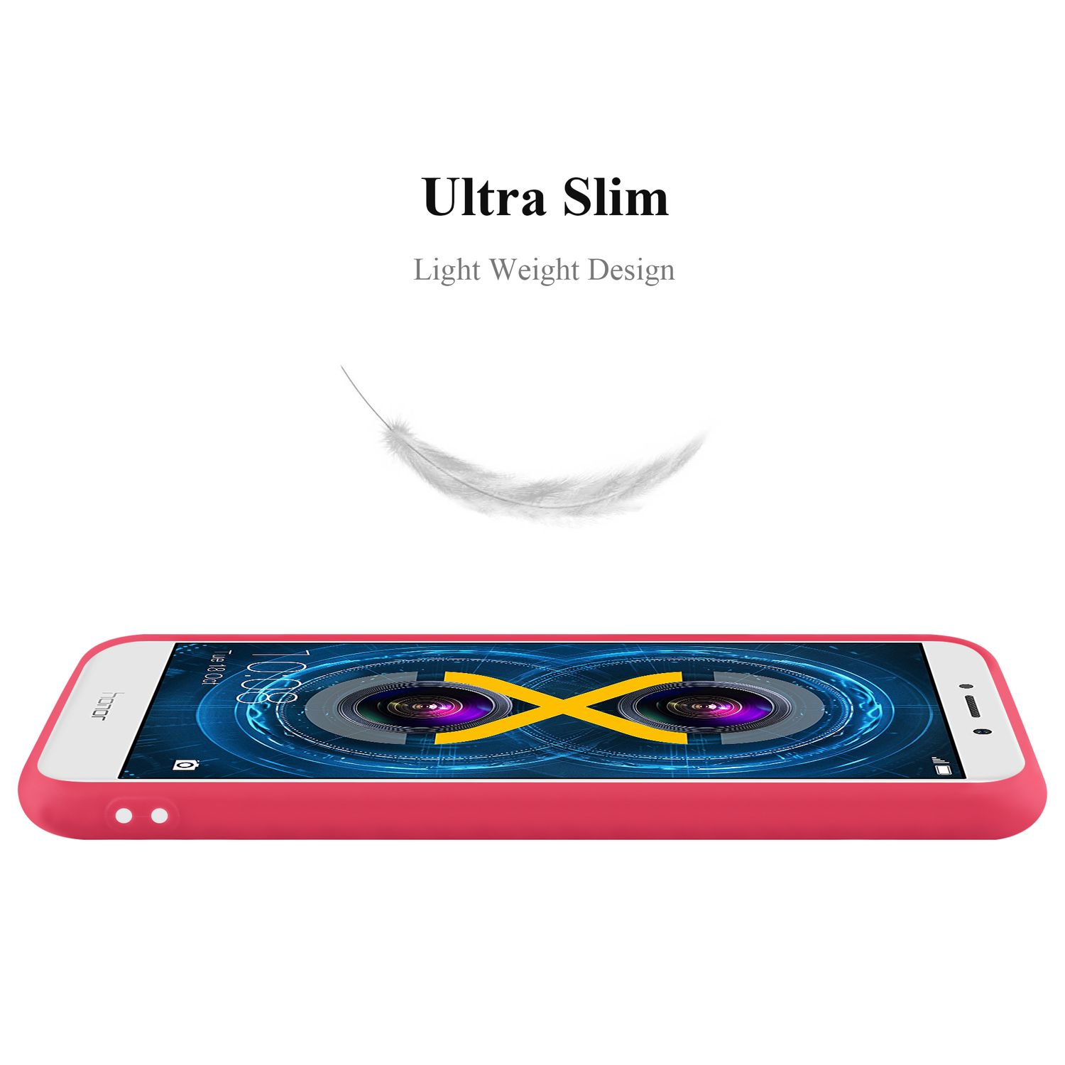 Rote Handyhülle mit weißem Rand. Eine Feder schwebt über dem Telefon, Text: Ultra Slim.