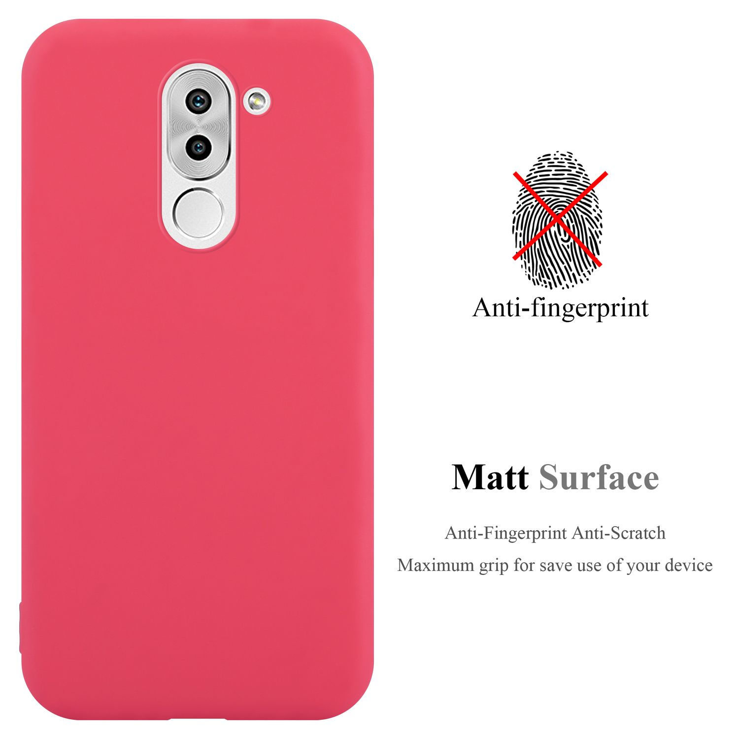 Rote Handyhülle mit Kameraausschnitten und fingerabdrucksicherem Design.