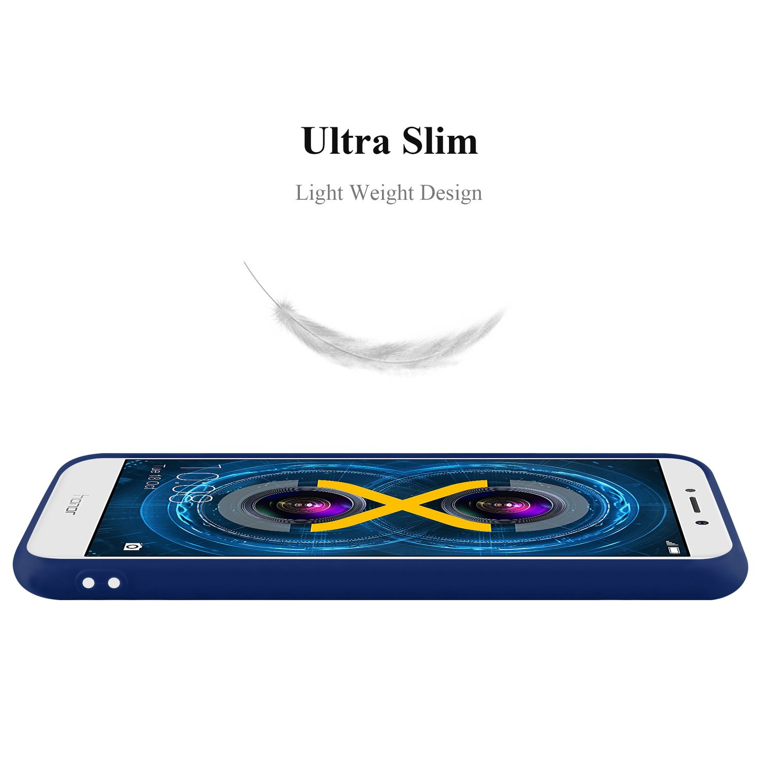 Eine Handyhülle mit einem Feder-Grafik. Das Telefon ist blau und die Feder weiß.