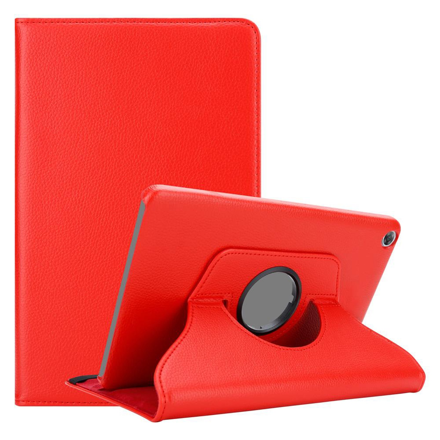Rote Tablet-Hülle, gefaltet zur Unterstützung des Geräts. Lederstruktur, mit Standfunktion. Weißer Hintergrund.