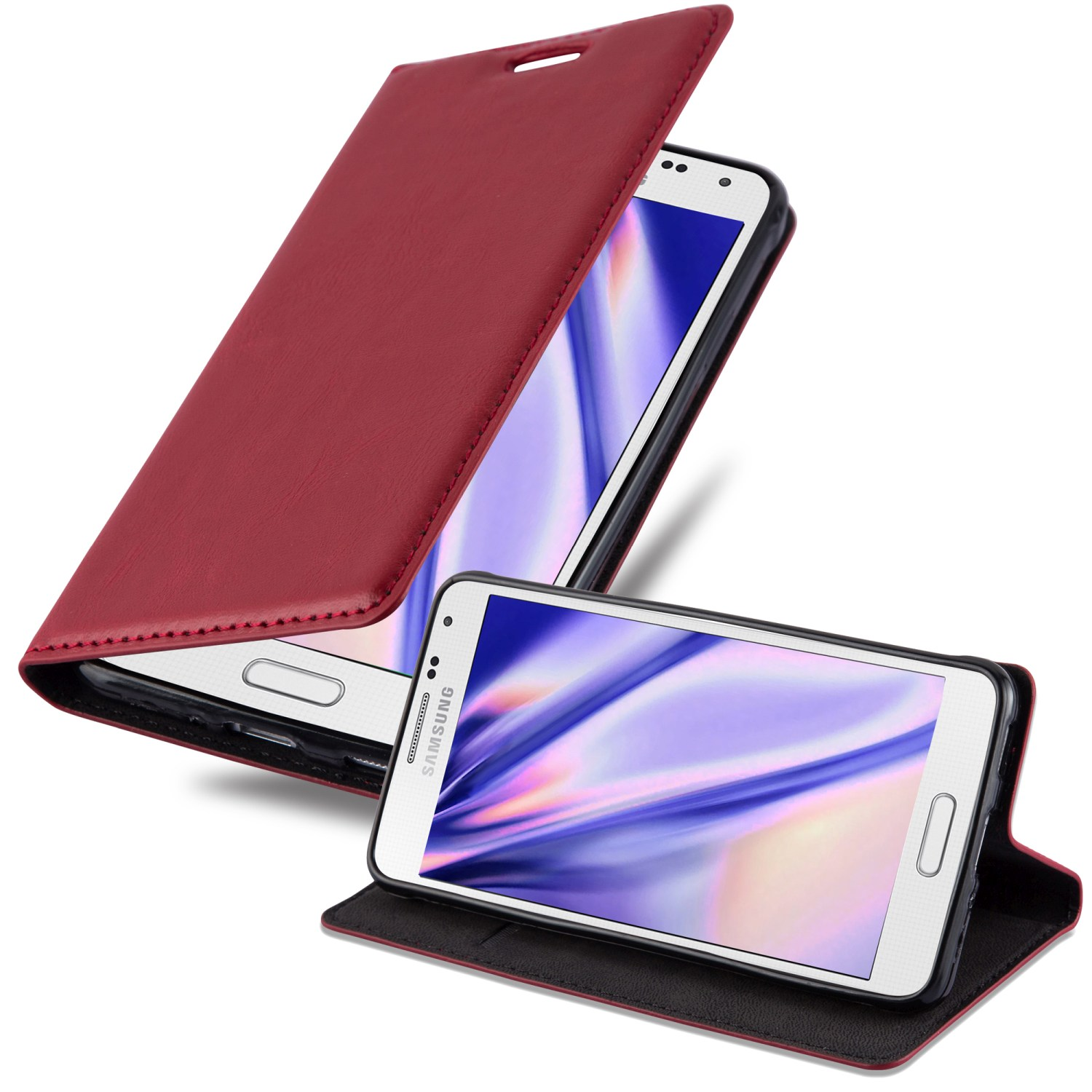 Funda de teléfono roja con teléfono visible. La funda está abierta.