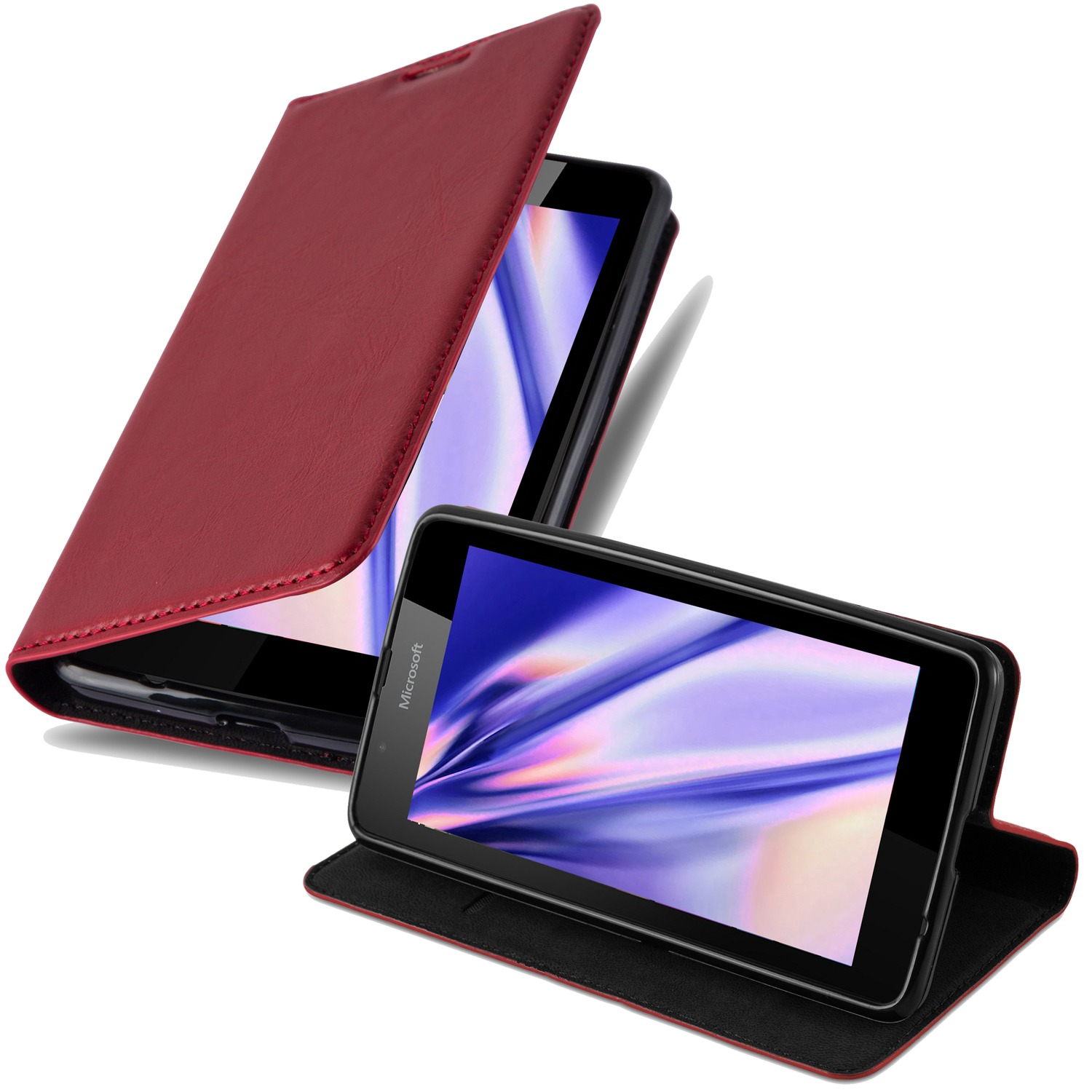 Una custodia per tablet rossa con un tablet all'interno, la custodia è aperta, su una superficie bianca.