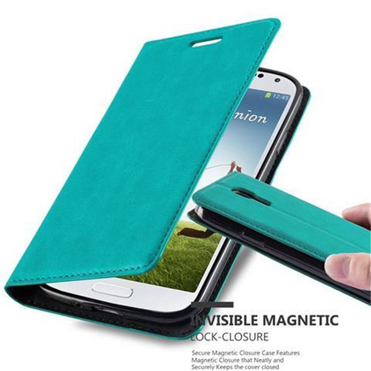 Funda de teléfono verde azulado con un teléfono dentro y la funda abierta.