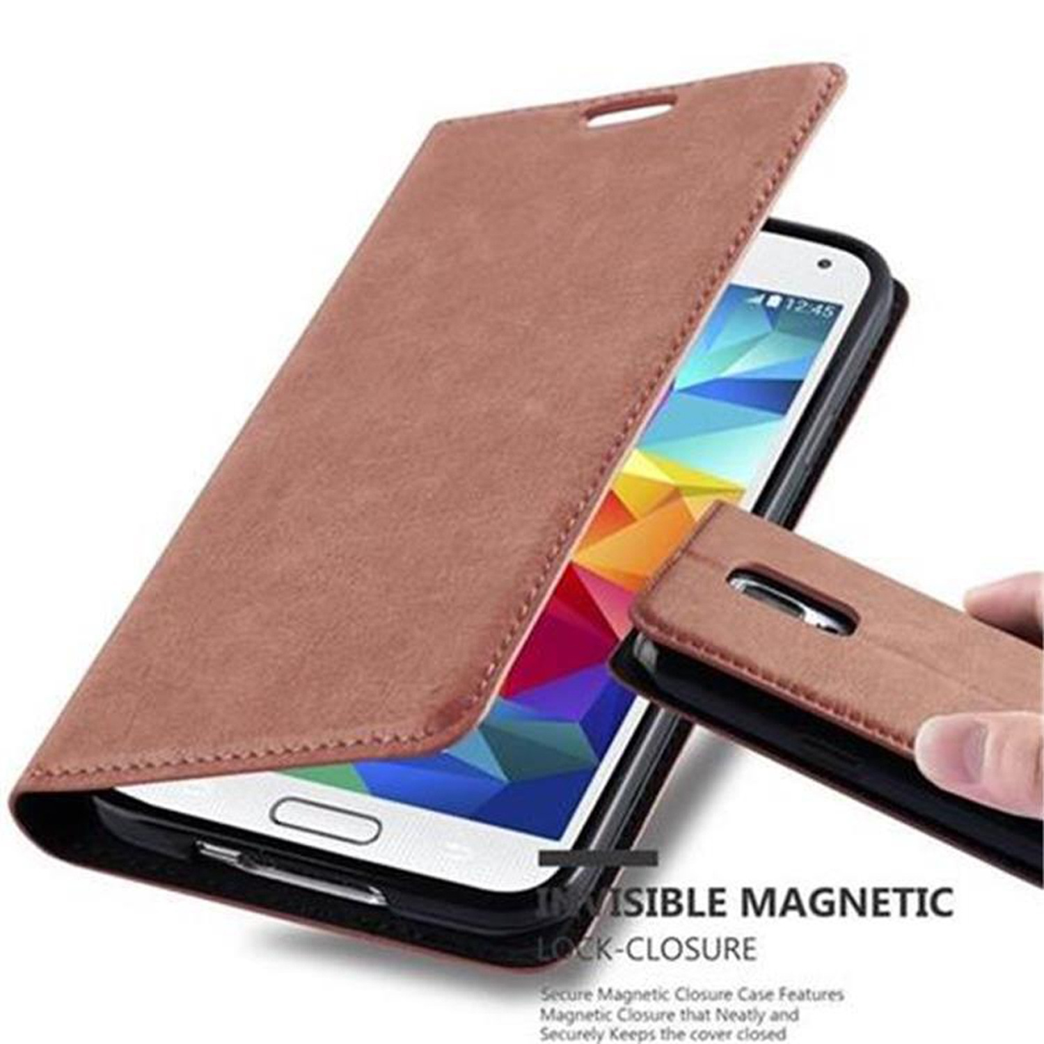 Funda de teléfono marrón abierta con un teléfono. Texto en la funda: Cierre de bloqueo magnético invisible. Fondo blanco.