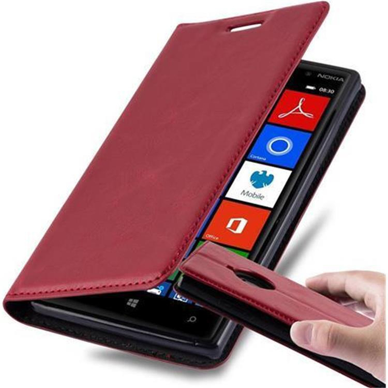 Rote Handyhülle, offen, mit einem sichtbaren Telefon. Apps sind sichtbar. Weißer Hintergrund. Hand hält einen Teil der Hülle.