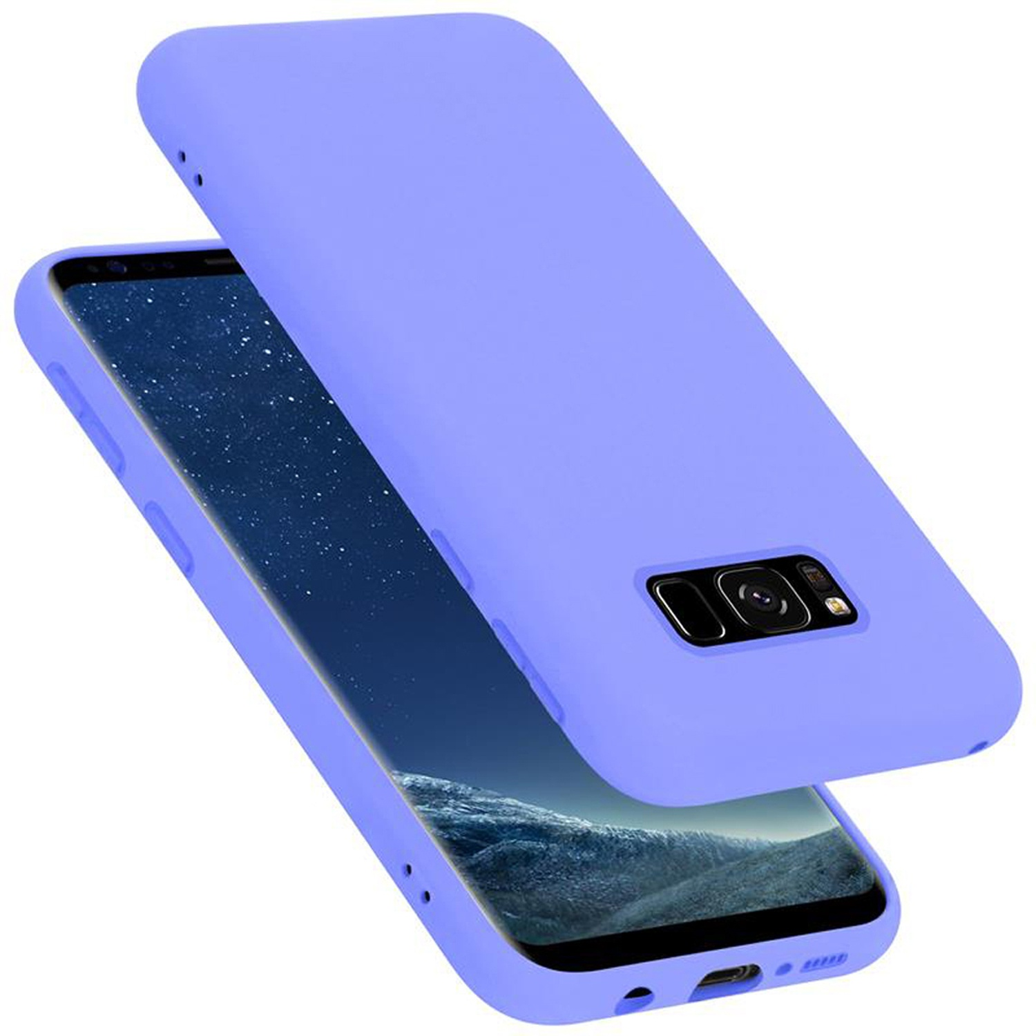 Telefon in einer hellvioletten Hülle. Die Hülle bedeckt Rückseite und Seiten des Telefons.