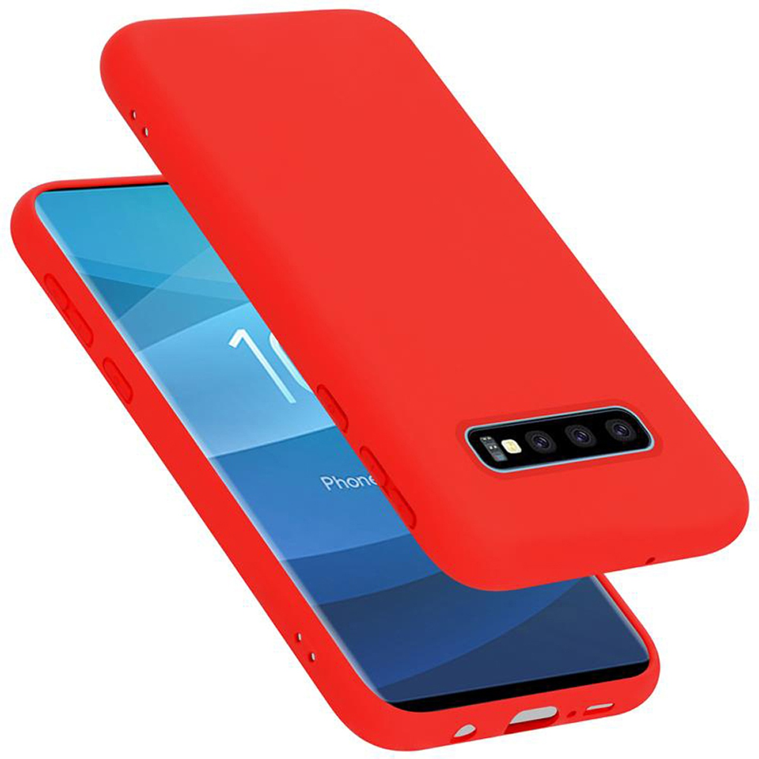 Rote Handyhülle über einem Telefon. Das Telefon zeigt einen Telefonbildschirm. Der Hintergrund ist weiß.