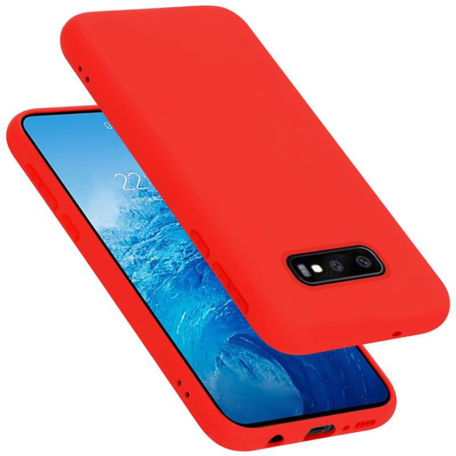 Rote Handyhülle auf einem Telefon. Das Telefon befindet sich in der Hülle. Die Hülle ist rot.