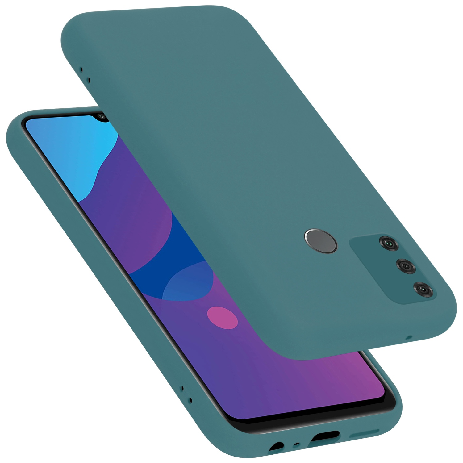 Eine türkis Handyhülle mit einem Telefon darin. Der Telefonbildschirm ist sichtbar.