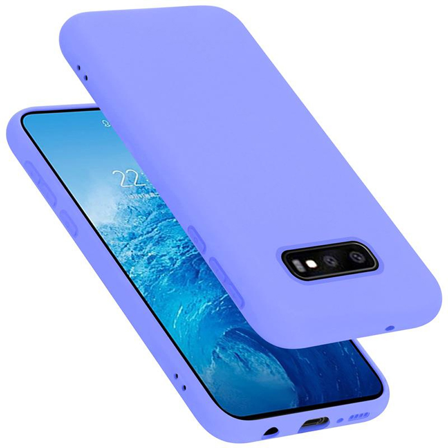 Lila Telefon mit lila Hülle. Die Hülle ist leicht geöffnet. Bildschirm zeigt eine Uhr.