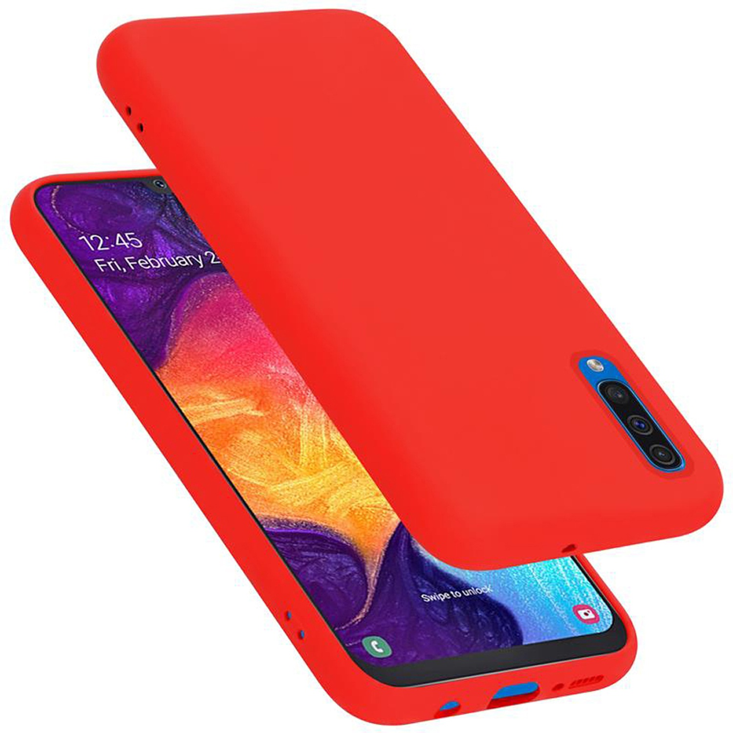 Rotes Telefon in roter Hülle, leicht geöffnet. Bildschirm zeigt Zeit und Datum, weißer Hintergrund.