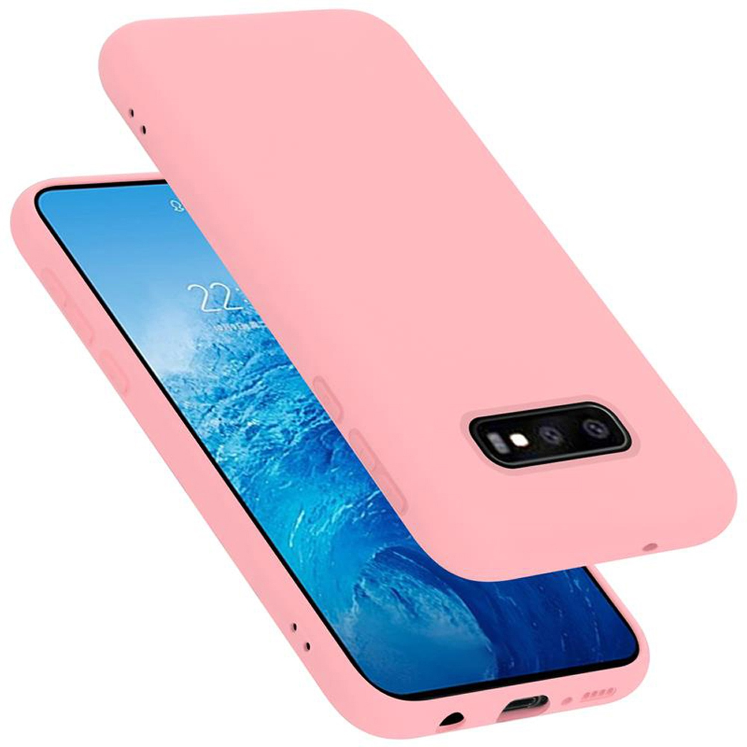 Rosa Handyhülle und Telefon. Hülle ist offen. Der Telefonbildschirm zeigt das Datum an.