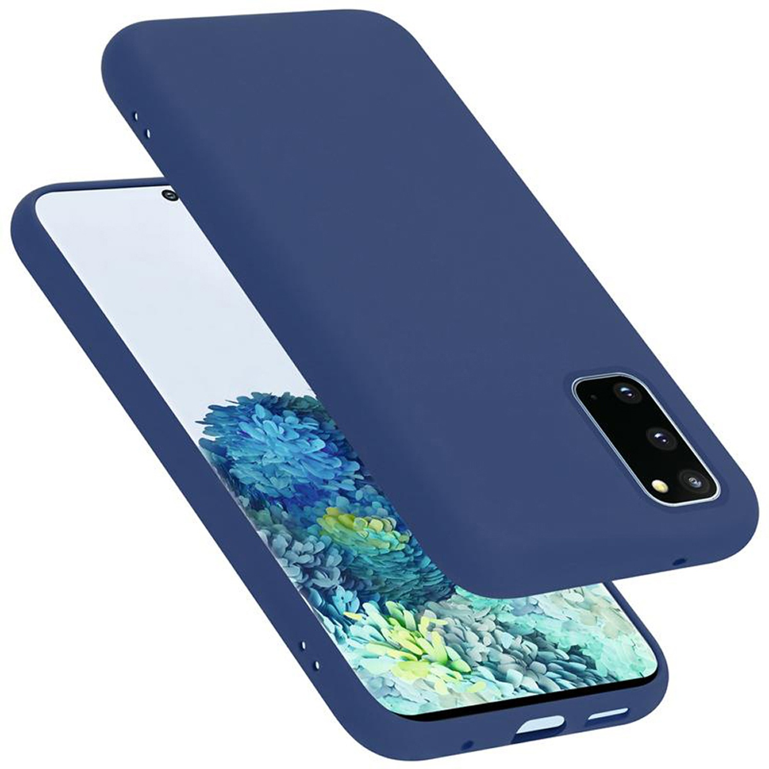 Custodia del telefono blu, due parti. Copertura superiore aperta. Sfondo bianco.