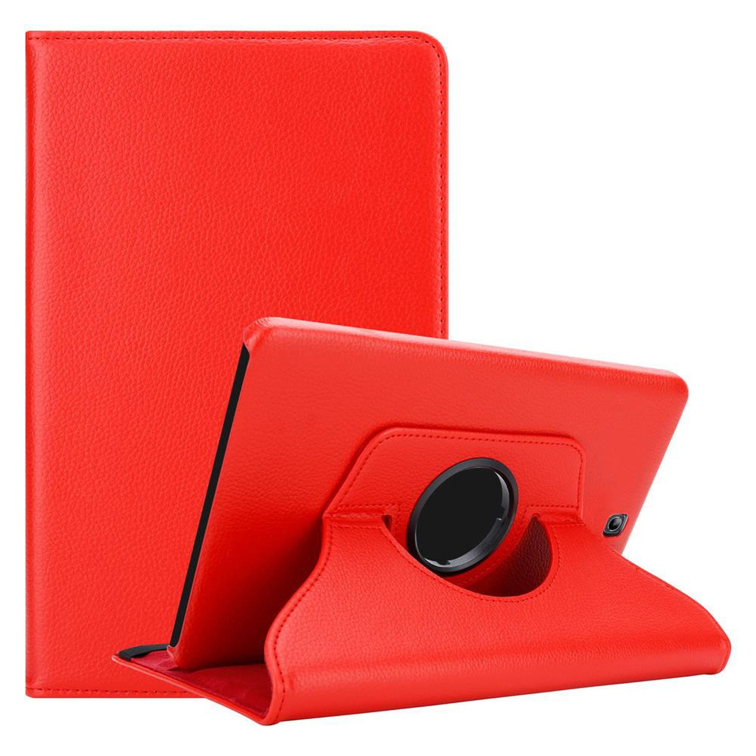 Rotes Tablet in roter Hülle. Die Hülle ist offen, sie kann als Ständer verwendet werden.