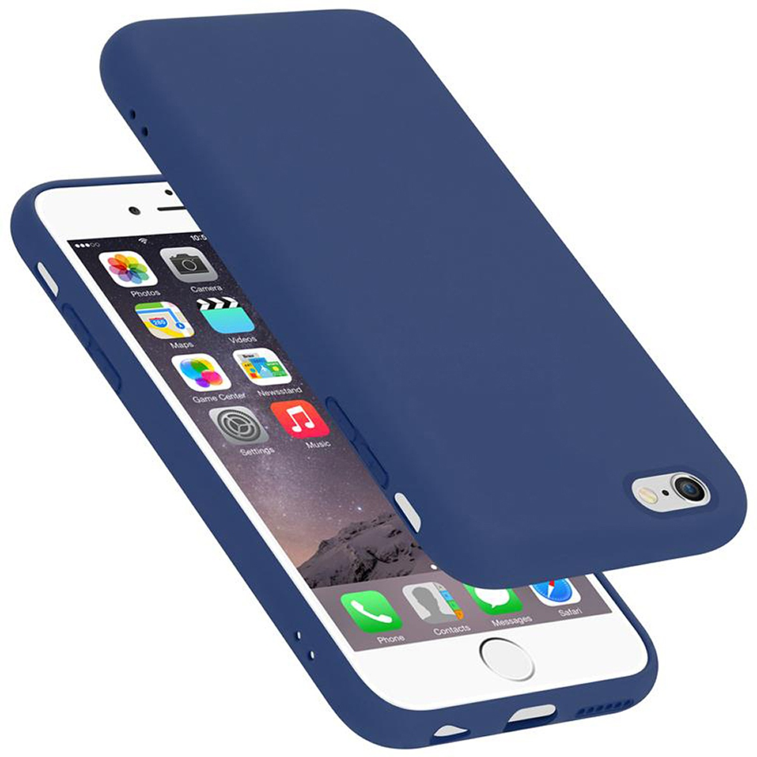 Una custodia per telefono blu è mostrata con un telefono parzialmente inserito.