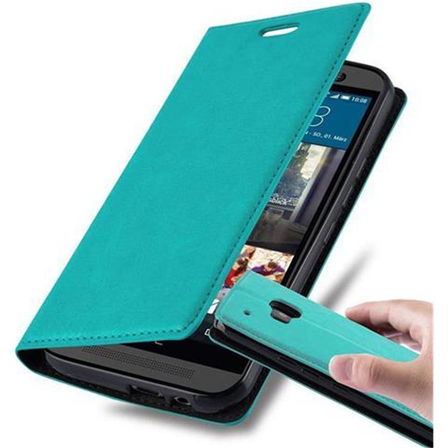 Funda de teléfono, verde azulado, abierta. Teléfono mostrado. Mano sosteniendo una parte.