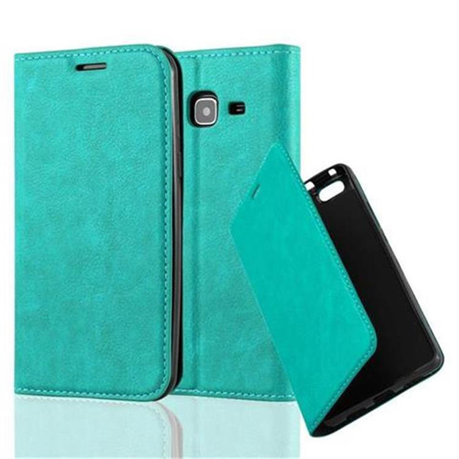 Una funda de teléfono de cuero verde azulado con un teléfono dentro. El teléfono está abierto y se muestra.