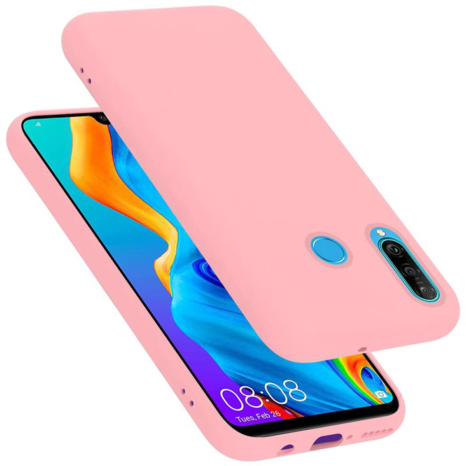 Custodia rosa per telefono e telefono. Il telefono mostra l'ora. Fotocamere visibili.