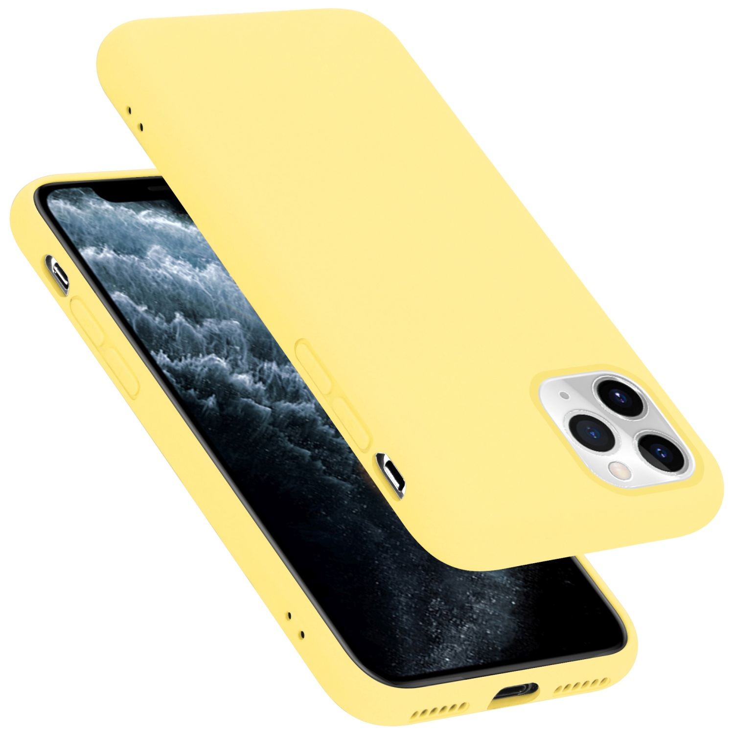 Custodia gialla per telefono e telefono. Il telefono ha uno schermo. Fotocamere visibili.