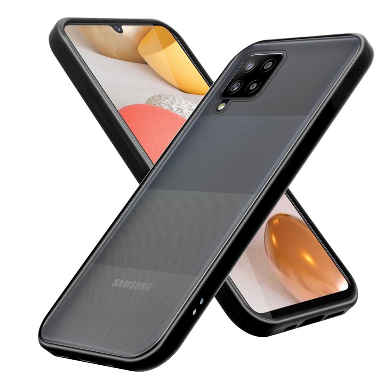 Due custodie nere per telefono con un telefono all'interno. Logo Samsung visibile. Sfondo bianco.