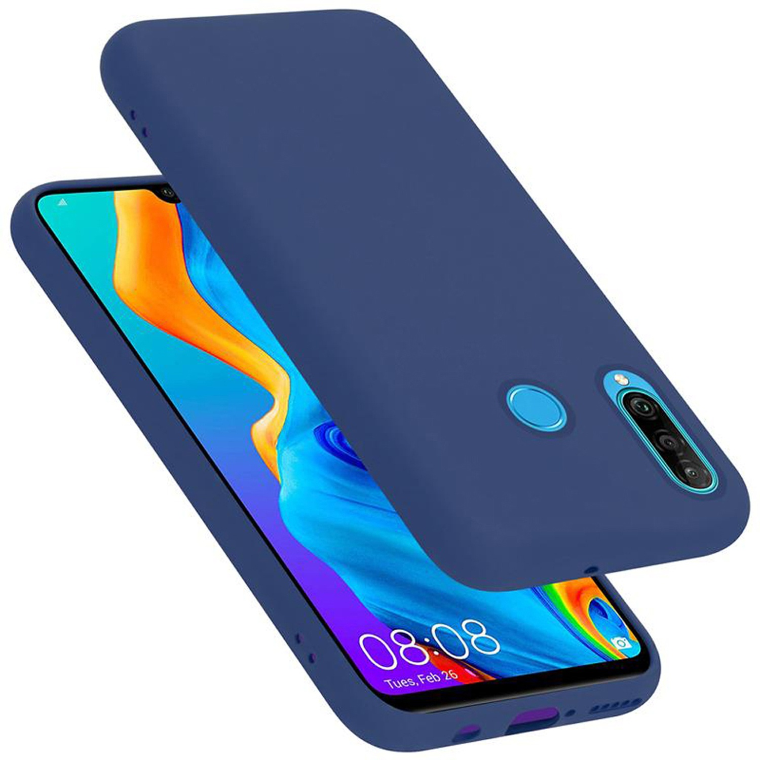 Custodia blu per telefono sopra un telefono. Il telefono mostra l'ora. Lo sfondo è bianco.