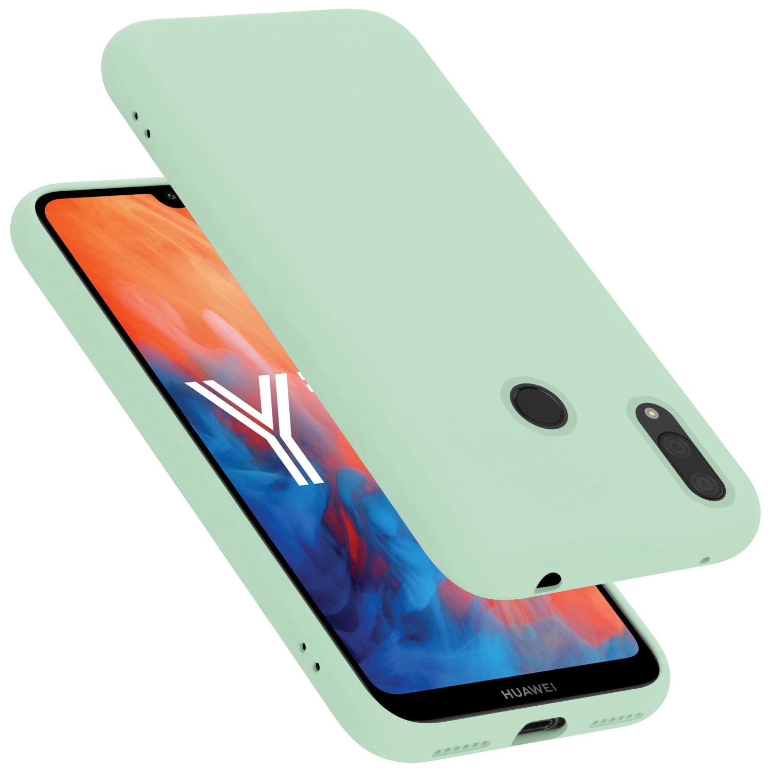 Hellgrüne Handyhülle und Handy mit farbenfrohem Bildschirm. Die Hülle ist offen.