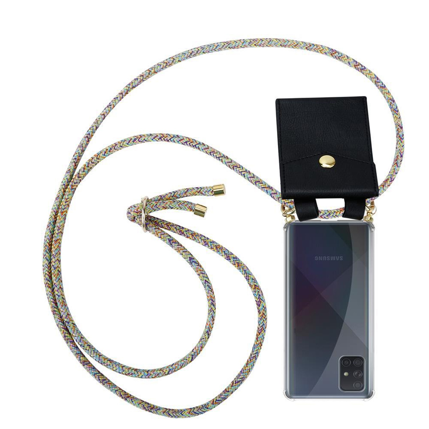 CADORABO Handy Kette mit Hülle, Kordel Backcover, Band Samsung, Galaxy RAINBOW Ringen, Gold 4G / abnehmbarer und M40s, A51