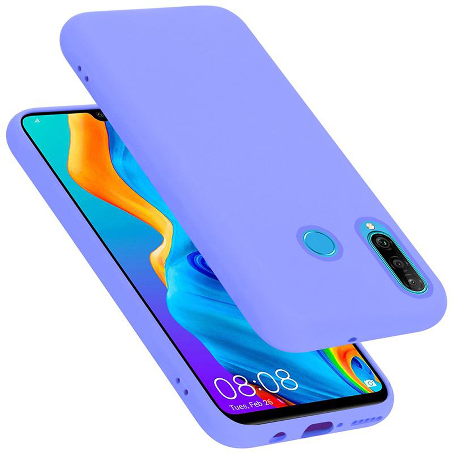 Telefono viola con custodia viola. La custodia è leggermente aperta. Lo schermo mostra l'ora.
