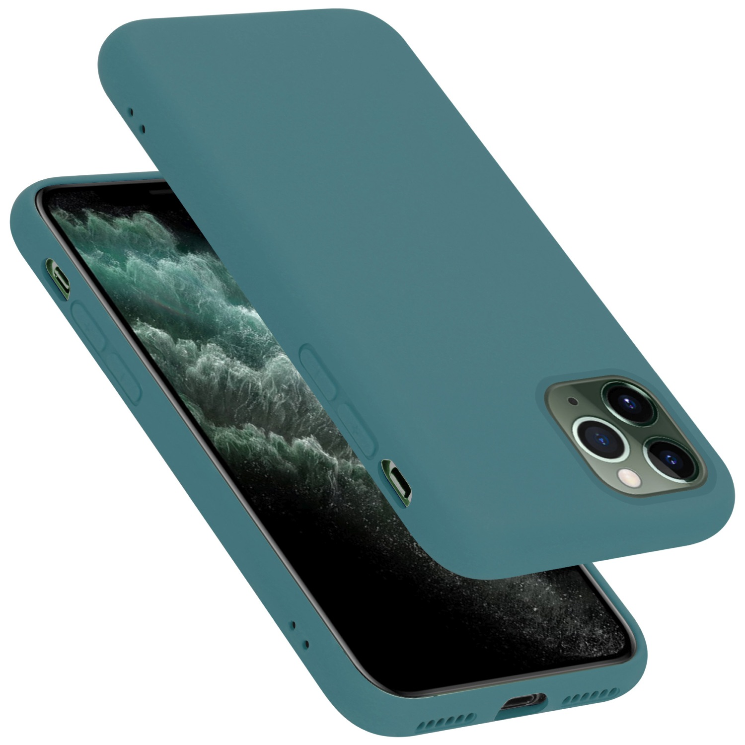 Eine türkisgrüne Handyhülle. Das Telefon zeigt einen verschwommenen blaugrünen Hintergrund. Die Hülle ist offen.