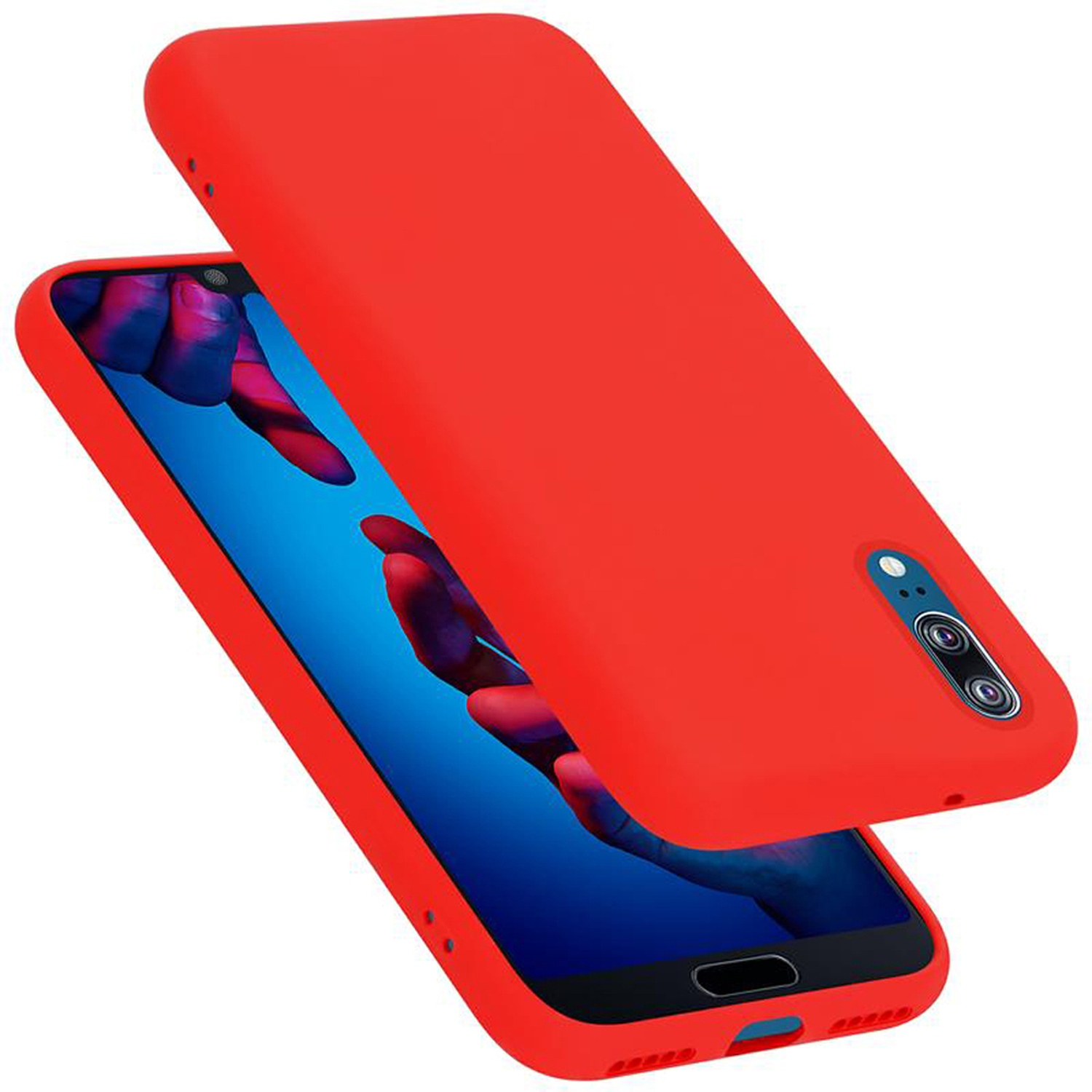 Rote Handyhülle geöffnet, Handy sichtbar. Das Handy zeigt einen Hintergrund von zwei Händen.