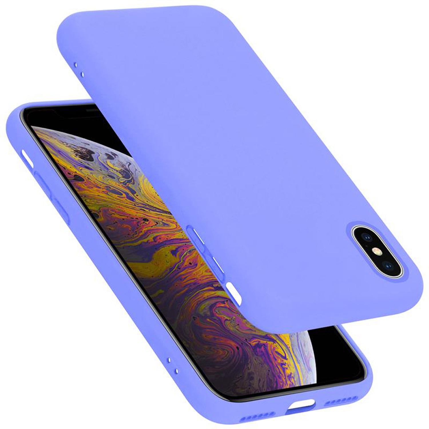 Eine hellblaue Handyhülle. Das Telefon zeigt einen bunten Hintergrund. Die Hülle ist offen.