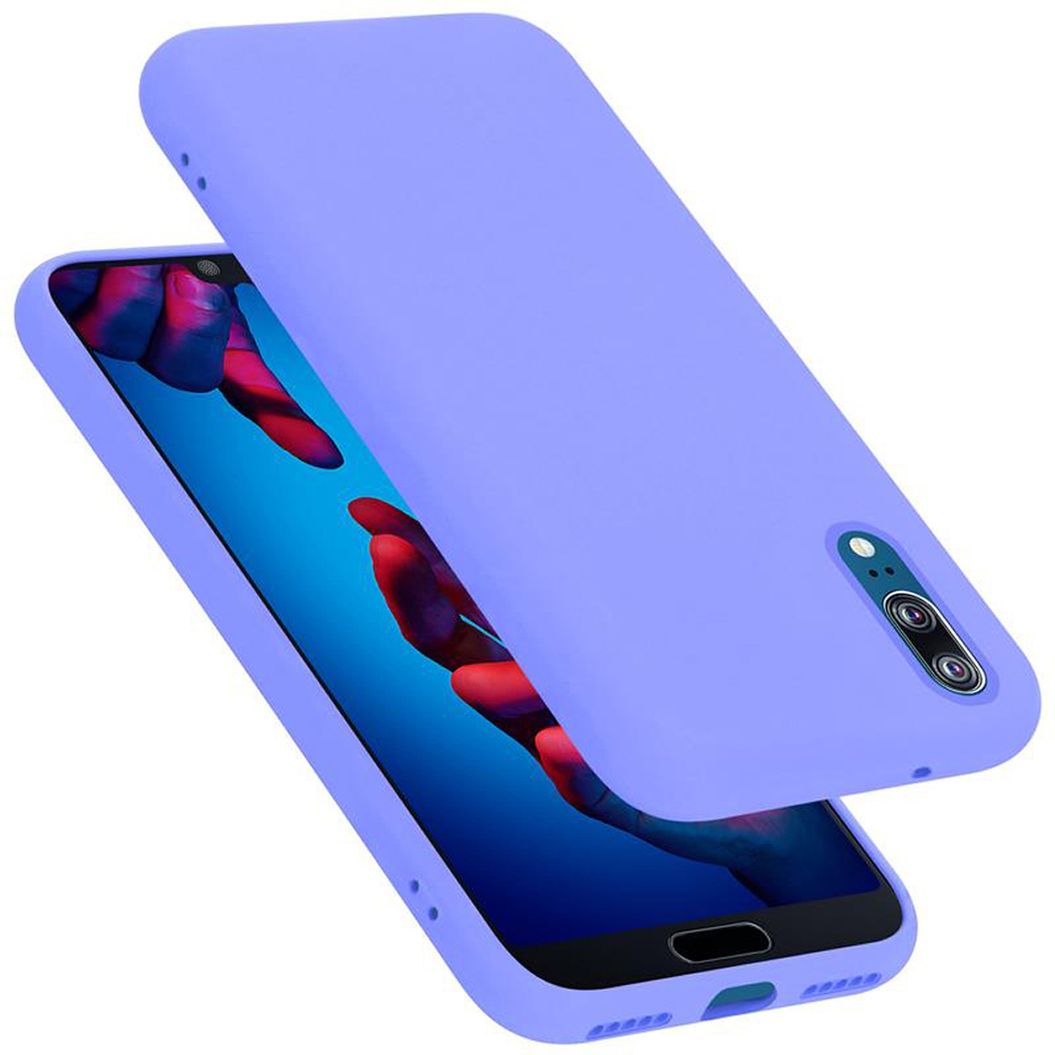 Eine hellviolette Handyhülle über einem Telefonbildschirm, die obere Hülle ist geneigt.