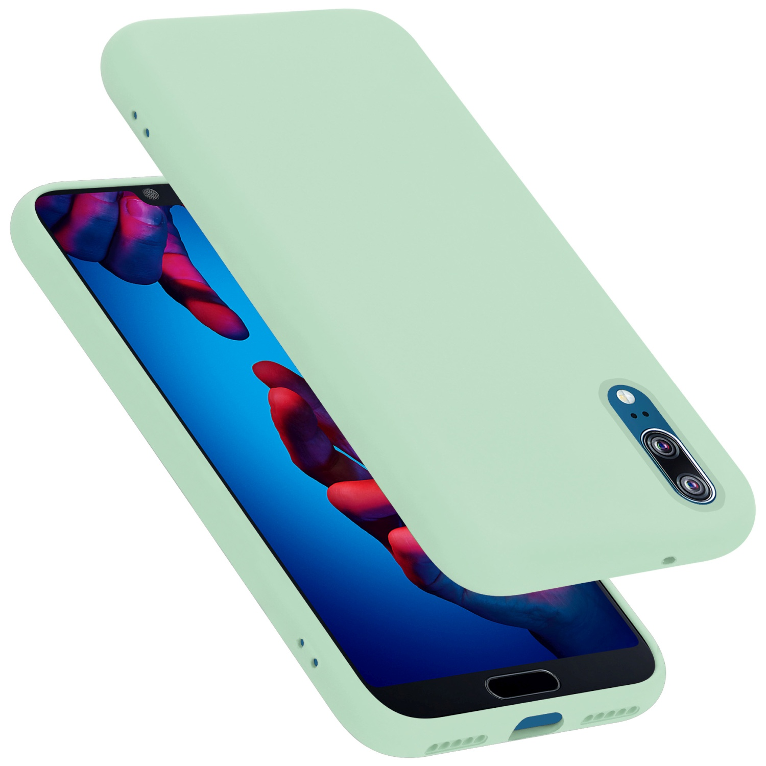 Ein Telefon mit hellgrüner Hülle, offen. Der Bildschirm zeigt ein farbenfrohes Bild.