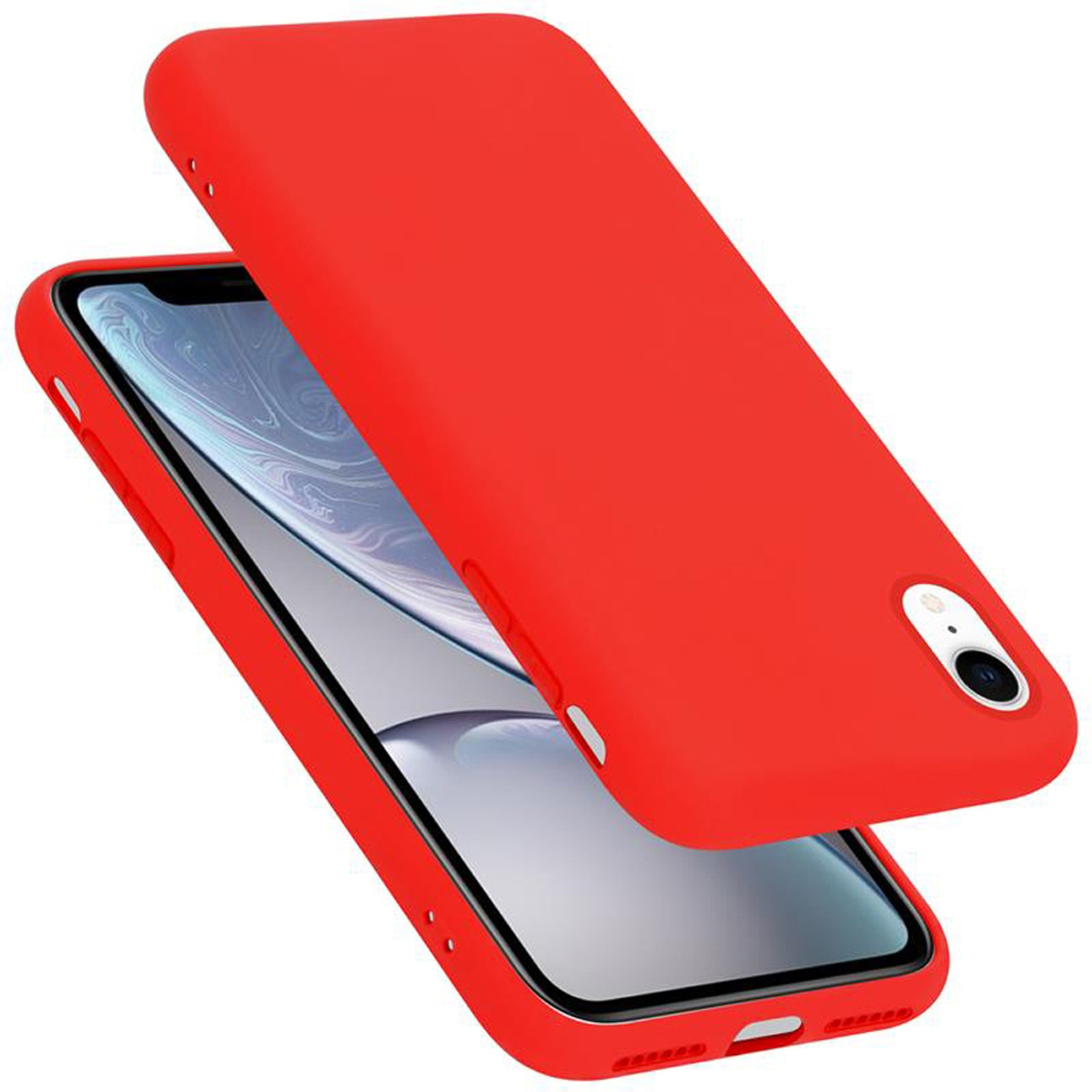 Rote Handyhülle, offen mit Telefon. Das Telefon ist rot und hat eine Kamera auf der Rückseite.