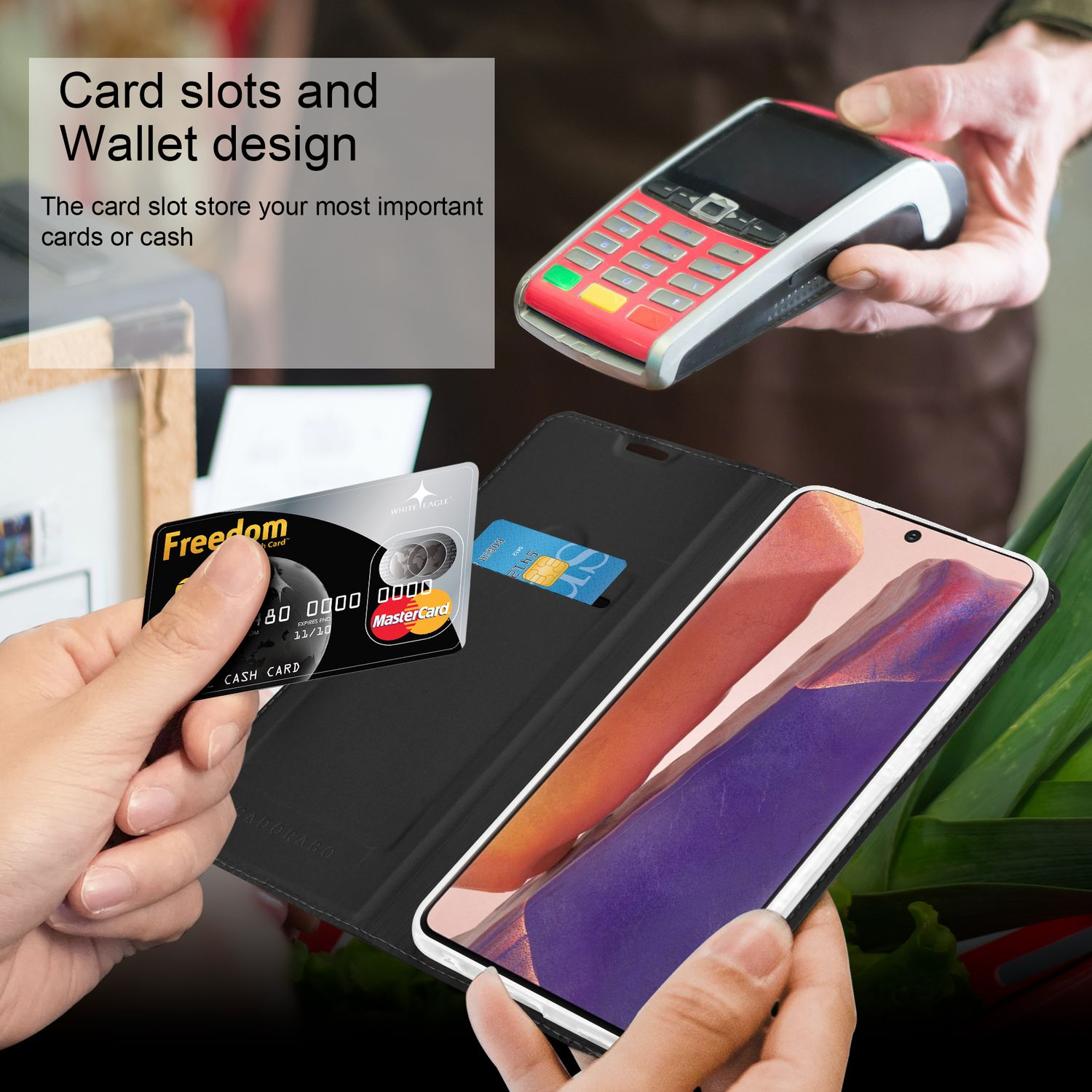 Telefono in una custodia a portafoglio, carte di credito visibili e un lettore di carte.
