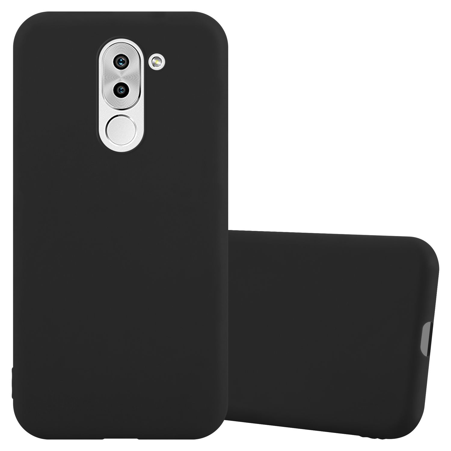 Schwarze Handyhülle mit Dual-Kameras und Blitz. Zwei Telefone vorne, die Hülle ist offen.