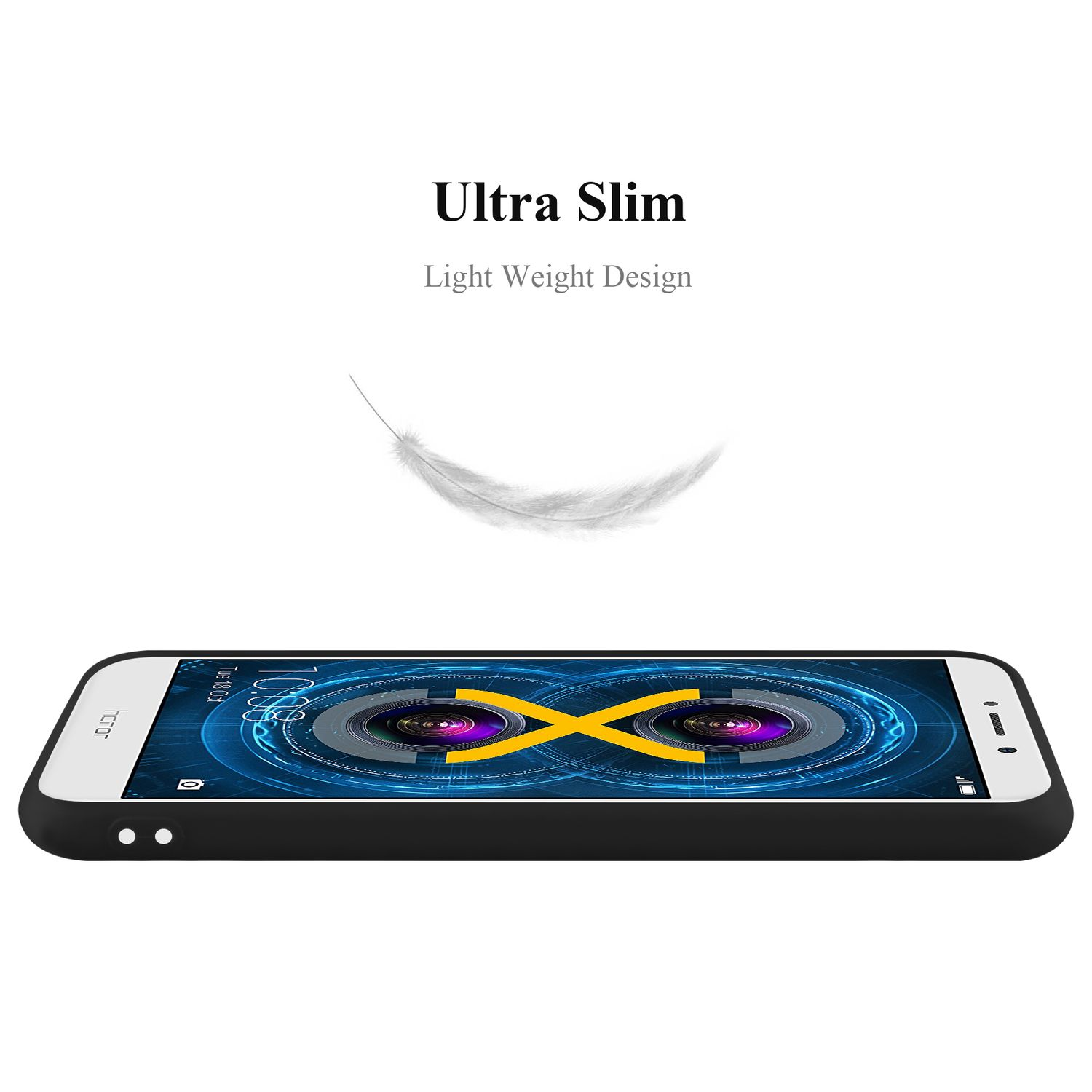 Ein schwarzes Telefon mit schlankem Design. Der Bildschirm zeigt ein farbenfrohes Design mit X-Form.
