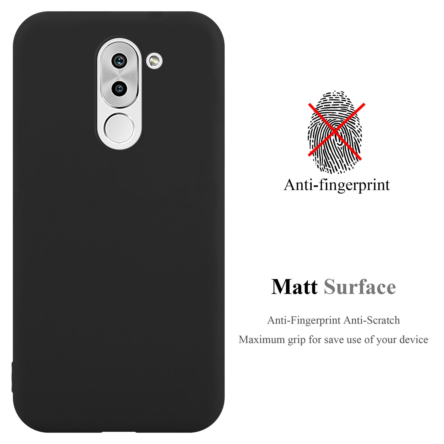 Schwarze Handyhülle mit einem fingerabdruckresistenten Design. Ein roter, durchgestrichener Fingerabdruck wird gezeigt.