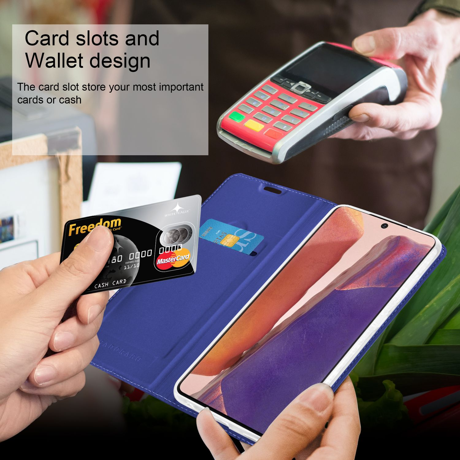 Una custodia per telefono con scomparti per carte e design a portafoglio, con carta di credito.