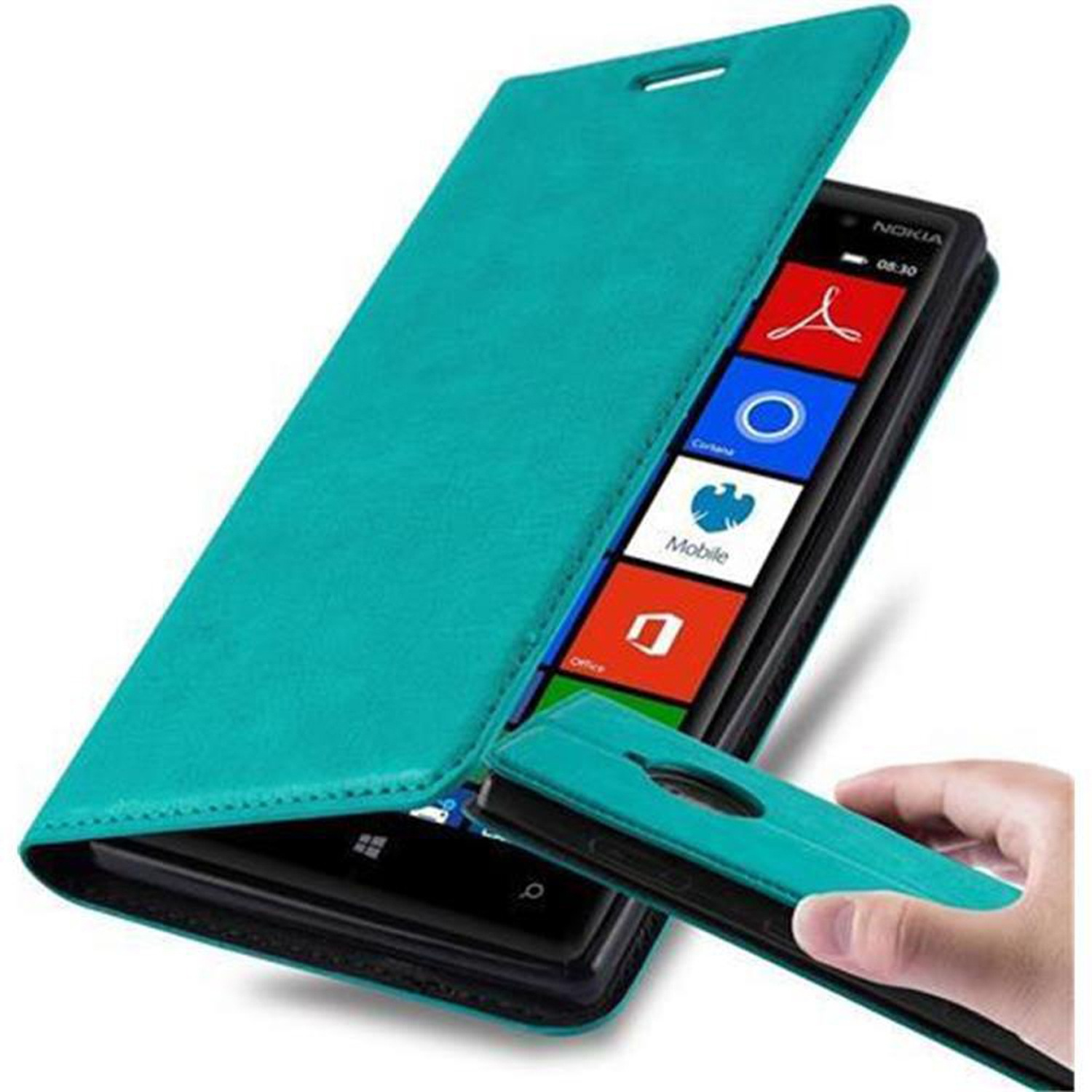 Türkisfarbene Handyhülle geöffnet, zeigt ein schwarzes Handy mit Apps. Ein weiteres Gehäuseteil wird gehalten.