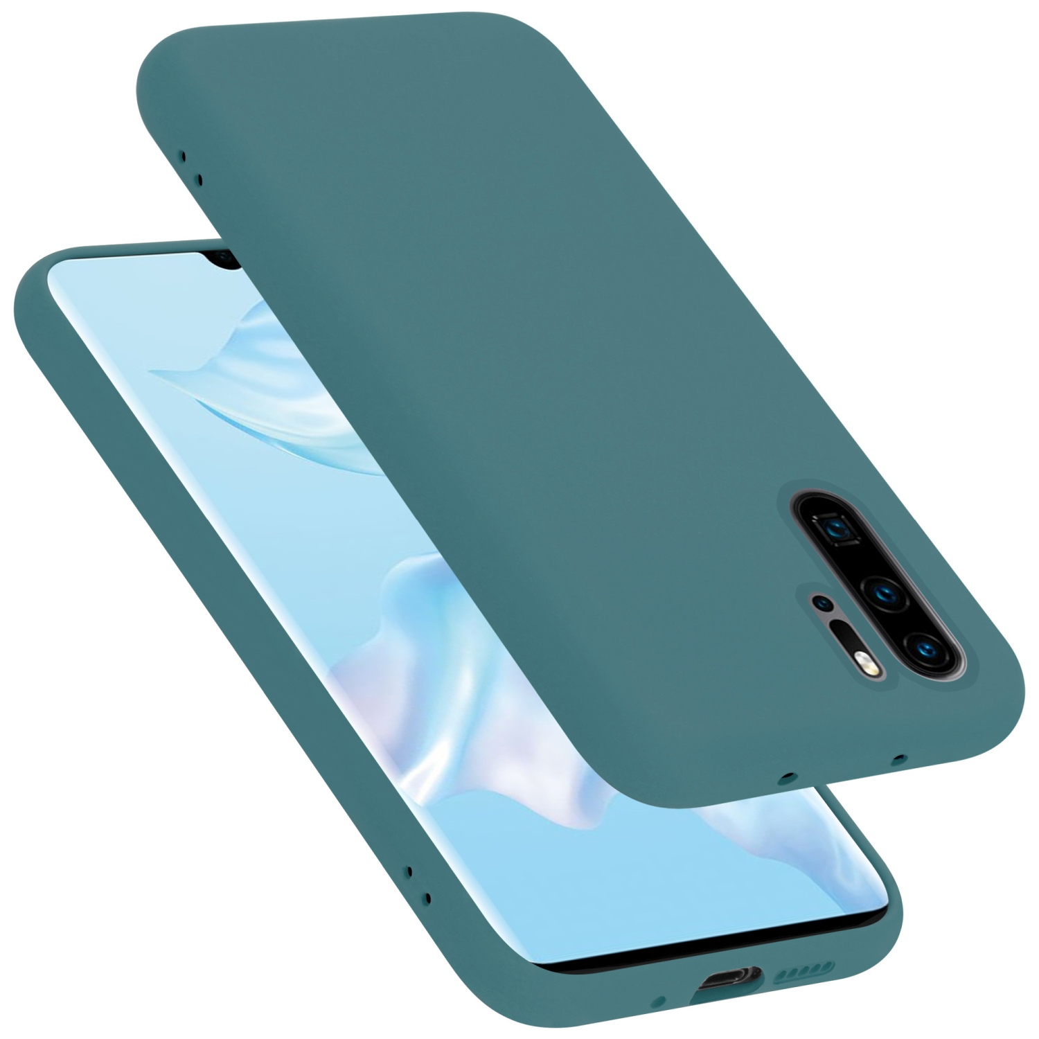 Eine türkisgrüne Handyhülle. Das Telefon zeigt einen verschwommenen blaugrünen Hintergrund. Die Hülle ist offen.
