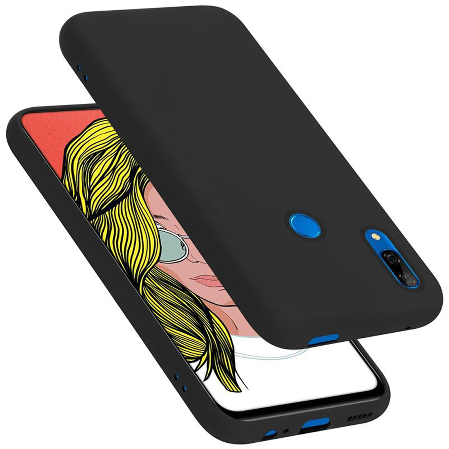 Schwarze Handyhülle über dem Handy. Telefon zeigt Frauenportrait.