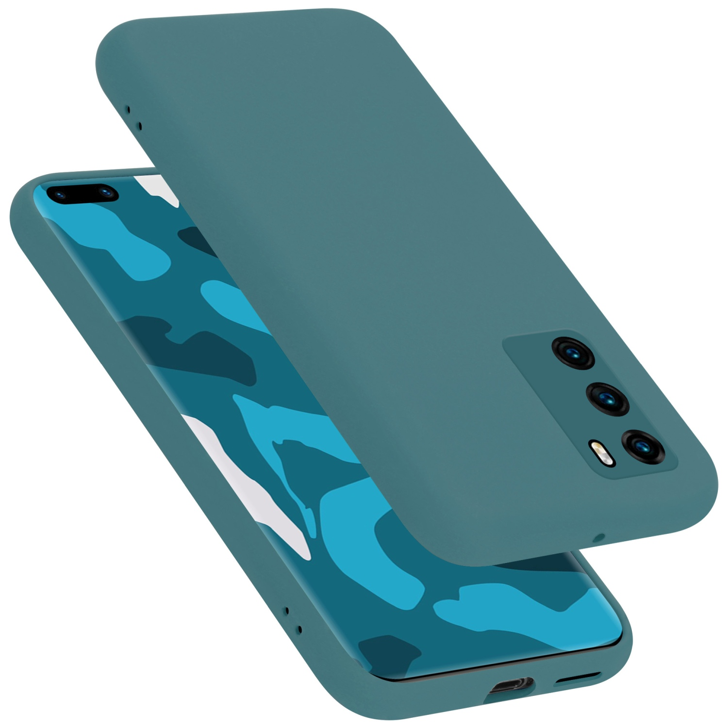 Telefono verde acqua con custodia verde acqua. La custodia è divisa in due parti, la parte superiore separata dal telefono. Il telefono ha 3 lenti.