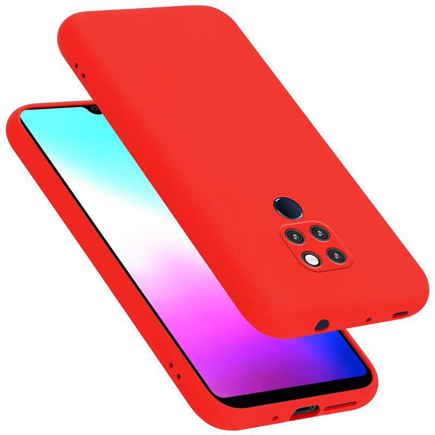 Rotes Telefon mit roter Hülle. Die Hülle ist offen und zeigt das Telefon. Das Telefon hat ein Objektiv und einen Blitz.