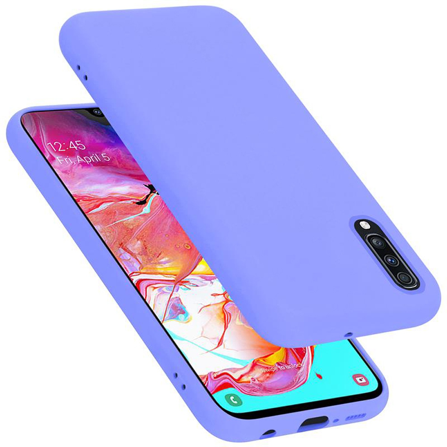 Lila Handyhülle mit Telefon. Das Telefon zeigt Datum. Eine andere Hülle liegt oben.