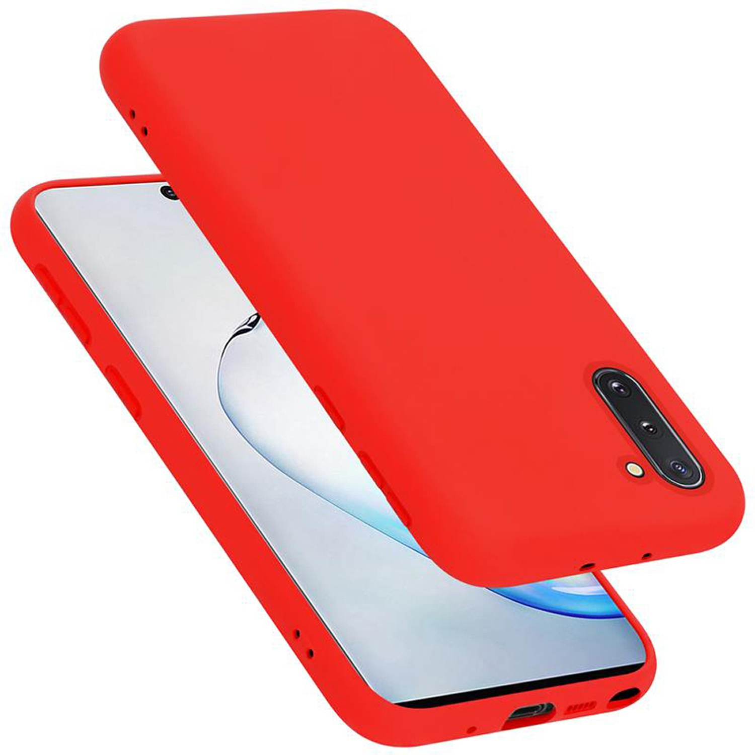 Zwei rote Handyhüllen. Eine über einem Telefon. Der Telefonbildschirm ist weiß mit Wellen.