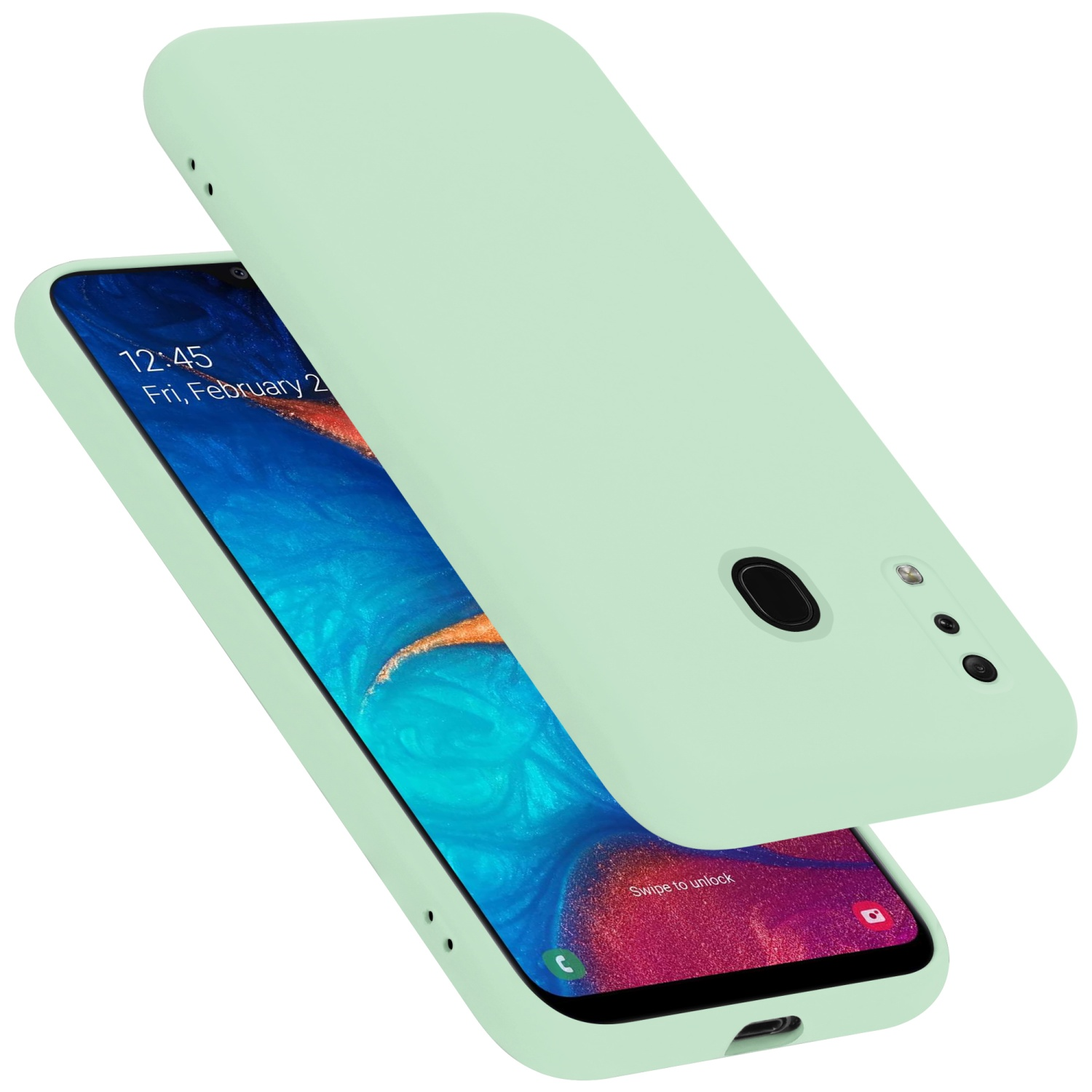Minzgrüne Handyhülle über Telefon. Telefon zeigt blauen Bildschirm.