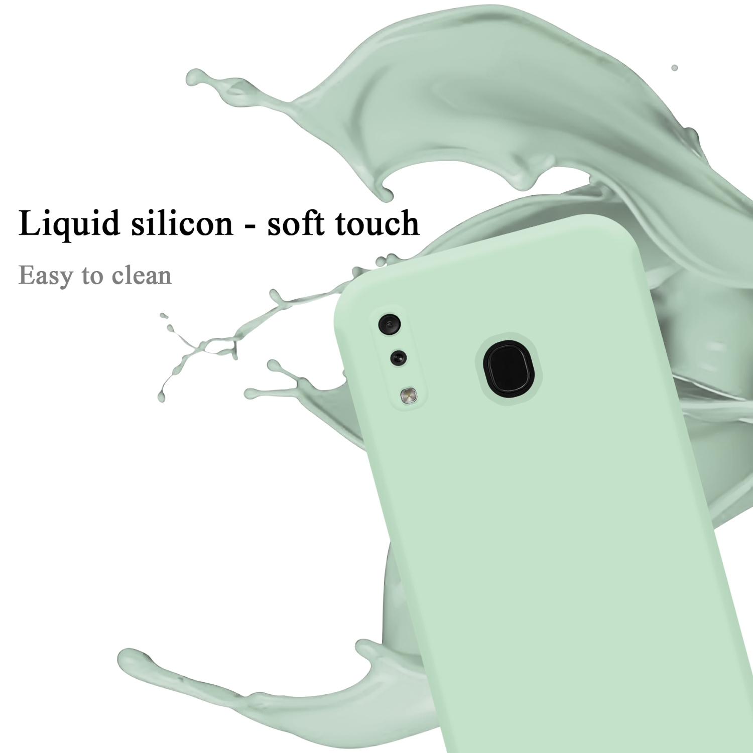 Minzgrüne Handyhülle mit Telefon, Flüssigkeitsspritzer an der Seite.
